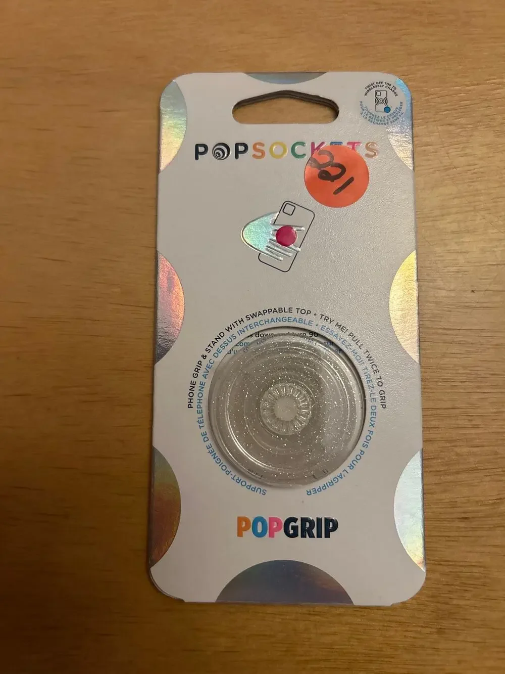 New Popsockets Swappable Top Phone Grip & Stand Clear with Silver Glitter